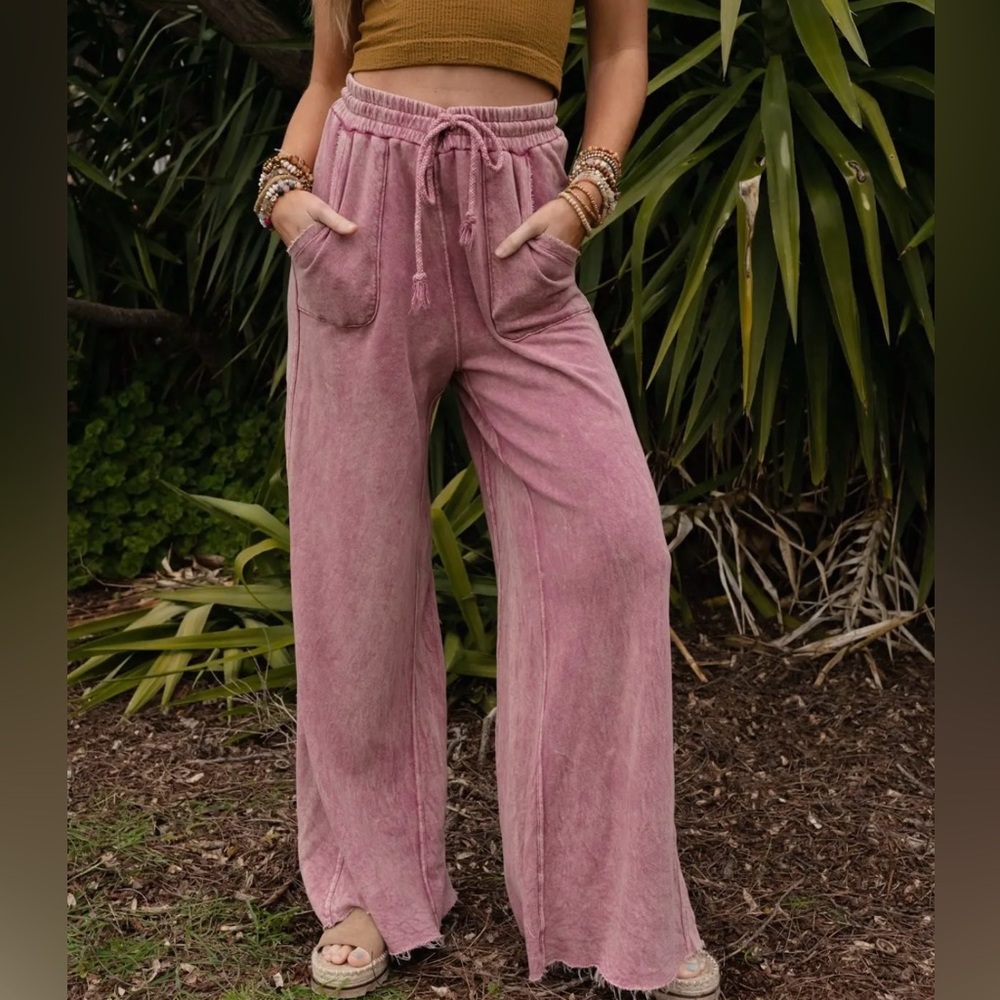 Wide Leg Drawstring Lounge Pants - Pink